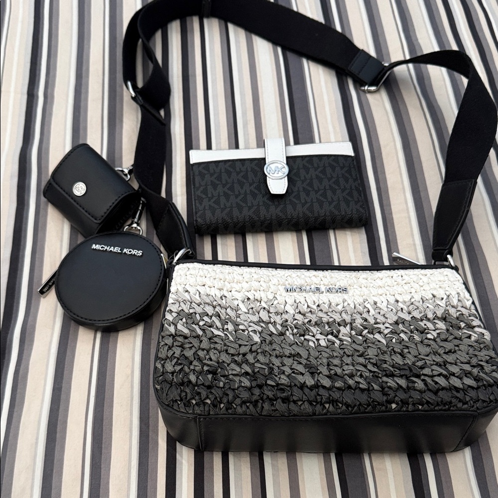 Michael Kors Black & White Crossbody Bag and Black & White Signature Wallet set